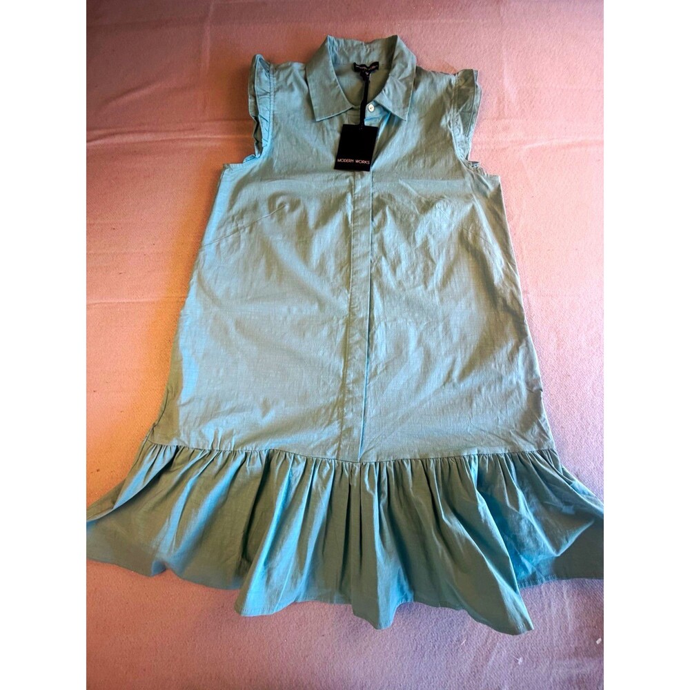 Modern Works Green Solid Collared Button Front Shirt Dress Ruffle Hem Pocket M